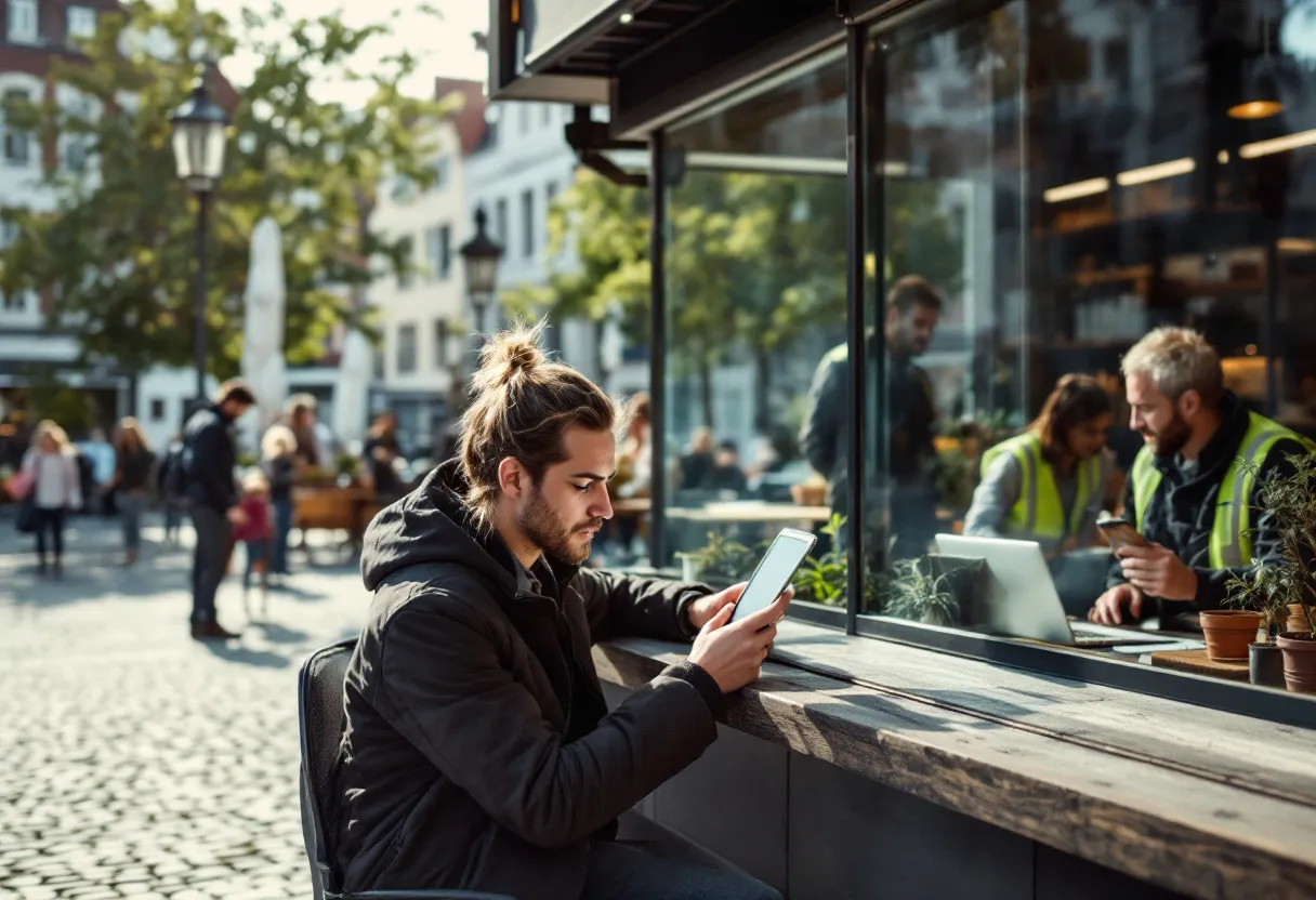 Een fotorealistisch beeld van het stadhuis van Kortrijk met voorbijgangers die op hun telefoon een lijst met flexijobs bekijken, terwijl op de achtergrond een terras met horecamedewerkers te zien is.