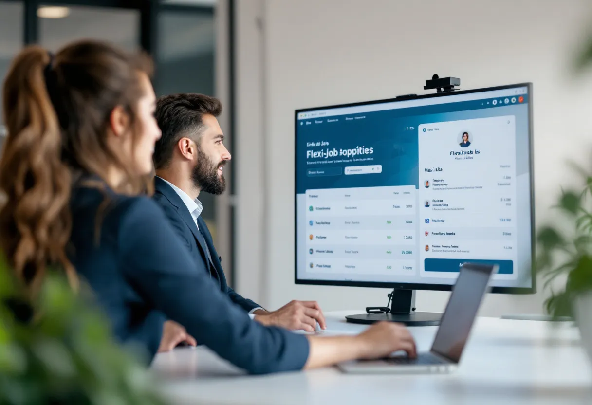 Een vriendelijke recruiter in een modern interimbureau in Kortrijk bespreekt glimlachend flexi-jobopties met een jonge vrouw, terwijl op een groot scherm een overzicht van flexi-jobs in Kortrijk te zien is, met filters en een favorietenknop.