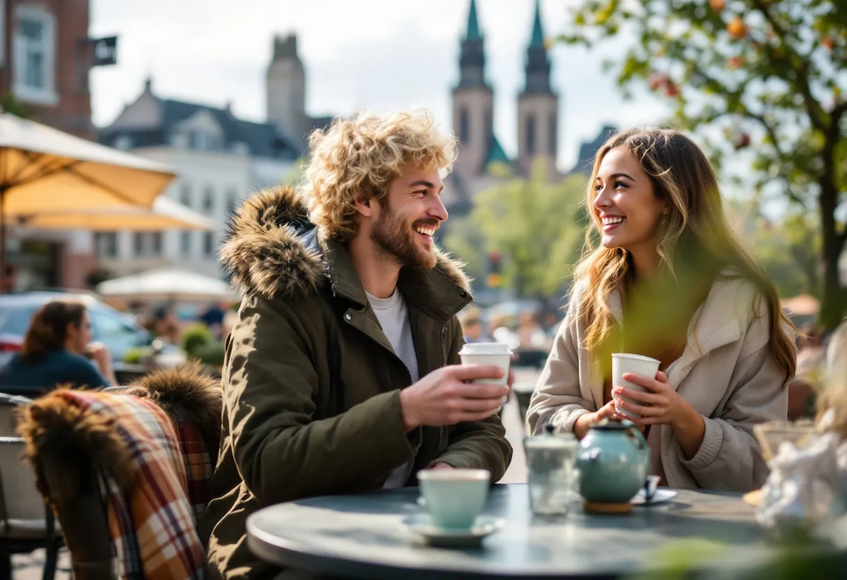 Een vrolijke studente serveert koffie aan een terrasje in het centrum van Kortrijk, met de middeleeuwse torens op de achtergrond.