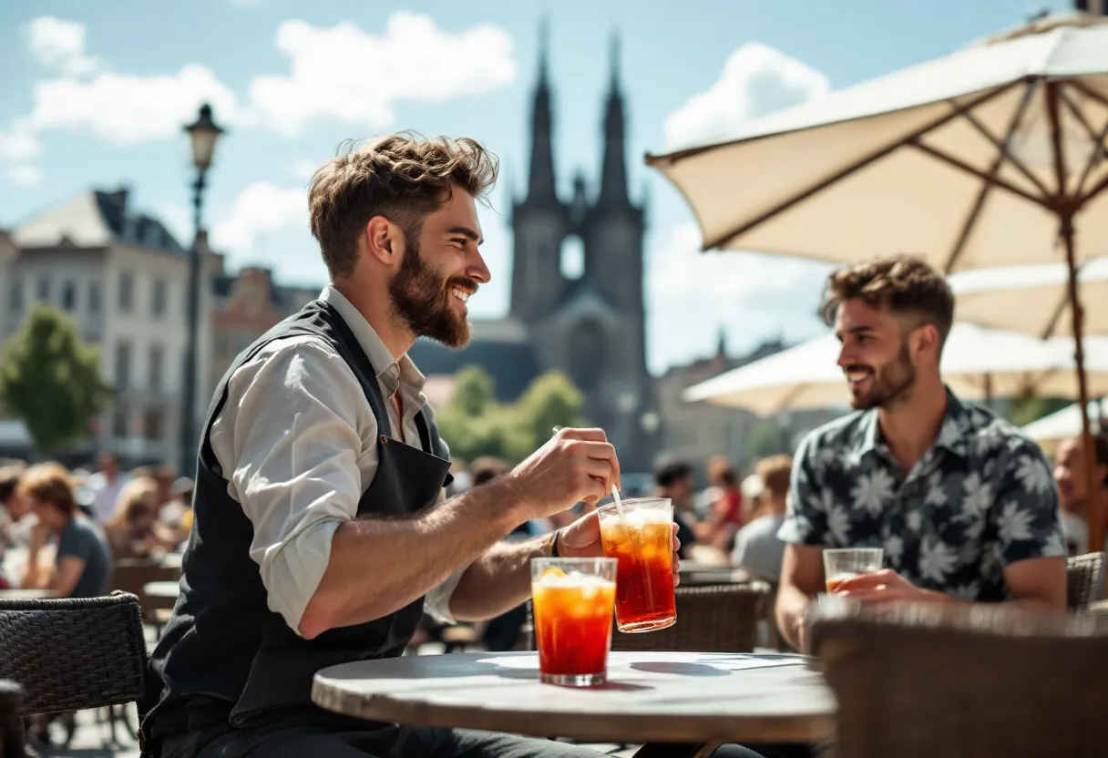 Een jonge man in horecakleding serveert met een glimlach drankjes op een zonnig terras aan de Grote Markt in Kortrijk, met de Belforttoren zichtbaar op de achtergrond.