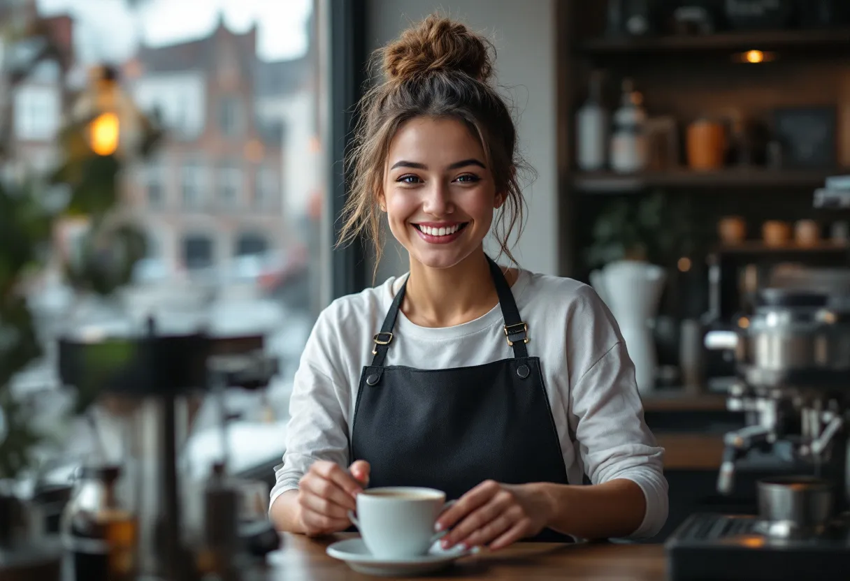 Een glimlachende studente in barista-schort bereidt koffie in een sfeervol café met zicht op de historische gevels van Kortrijk, haar flexi-job naast haar studie.